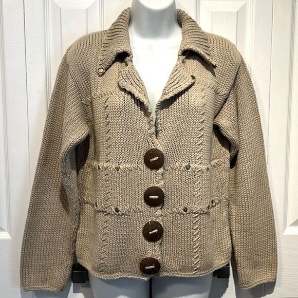 PURE Handknit Cotton Button Up‎ Tan Cardigan Sweater Size S/M - Picture 1 of 12